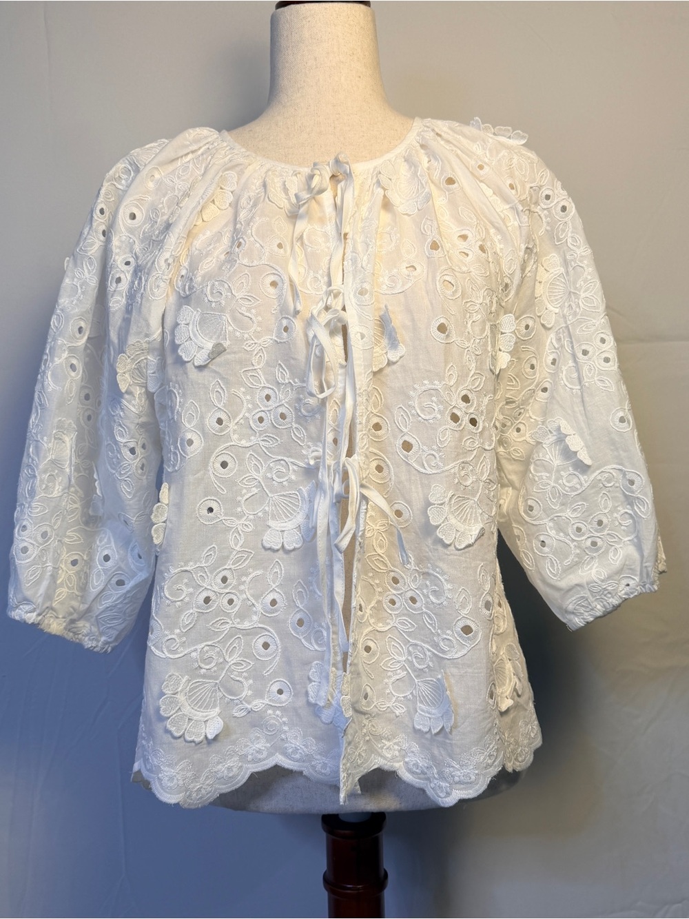 Adiva White‎ Embroidered Eyelet Tie-Front Peasant Blouse, feminine cottage